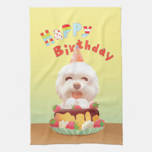 Happy Birthday Dog with Cake Kitchen Towel