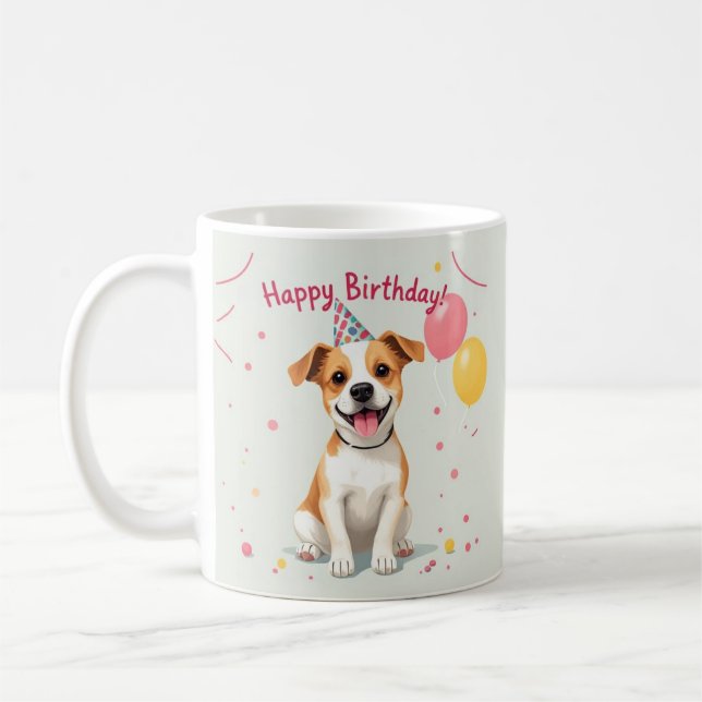 Happy Birthday Dog with Party Hat & Balloons Coffee Mug (Left)