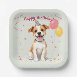 Happy Birthday Dog with Party Hat & Balloons Paper Plate