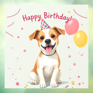 Happy Birthday Dog with Party Hat & Balloons Window Cling