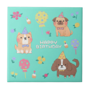 Happy Birthday: Dogs, Balloons & Flowers Tile