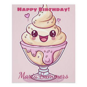 Happy Birthday Dondurma Ice-cream Kawaii Cartoon  Poster