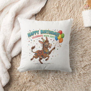 Happy Birthday Donkey Celebration Throw Pillow