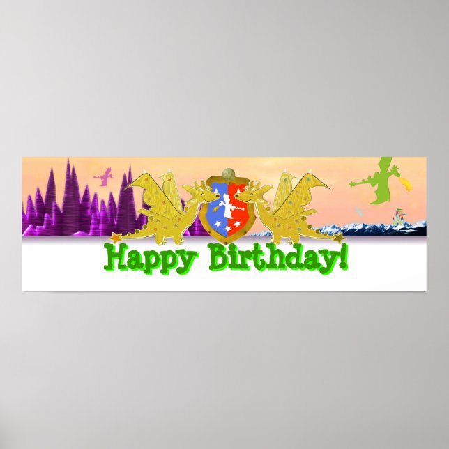 Happy Birthday Dragon Party Banner Poster (Front)