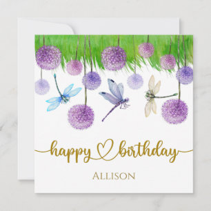 Happy Birthday Dragonflies Wild Flowers Watercolor Card