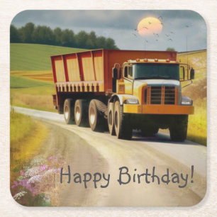 Happy Birthday Dump Truck Square Paper Coaster