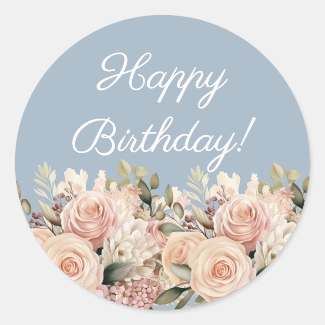 Happy Birthday dusty blue rose pink ivory Classic Round Sticker (Front)