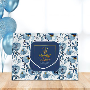Happy Birthday Dusty Blue White Floral Name Large Gift Bag