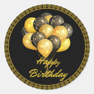Happy Birthday, elegant black and gold, Classic Round Sticker