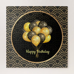 Happy Birthday, elegant black and gold Jigsaw Puzzle
