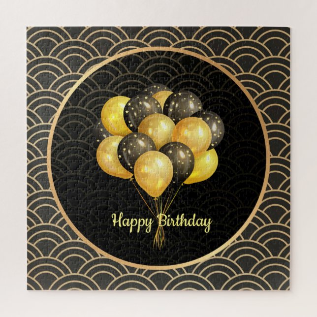 Happy Birthday, elegant black and gold Jigsaw Puzzle (Vertical)