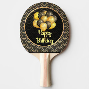 Happy Birthday, elegant black and gold, Ping Pong Paddle
