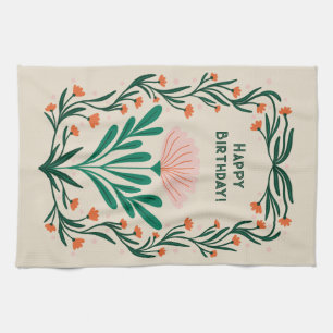 Happy Birthday Elegant Floral Frame Kitchen Towel