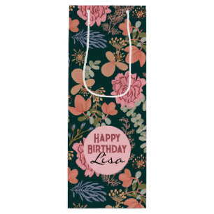 Happy Birthday elegant floral Rosé Wine Gift Bag