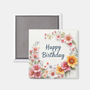 Happy Birthday Elegant Floral Wreath Magnet