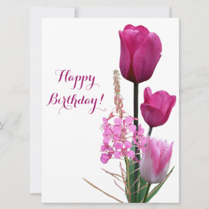 Happy birthday elegant pink tulip minimalist boho holiday card