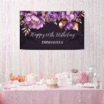 Happy birthday elegant purple rose gold banner<br><div class="desc">Happy birthday Elegant purple rose gold peonies floral birthday party banner,   purple and rose gold leaves watercolor peonies dark purple background birthday party banner personalized party decor</div>