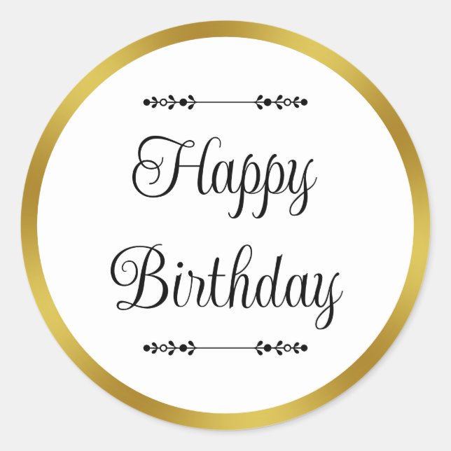 Happy Birthday Elegant White and Gold Border Classic Round Sticker (Front)