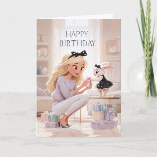 Happy Birthday Elegant Woman and Bunny Gift Giving Card