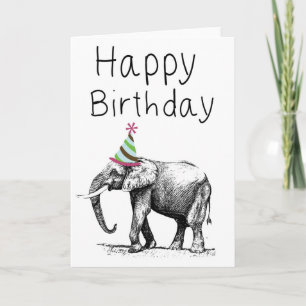Happy Birthday Elephant In Hat, Celebration Card
