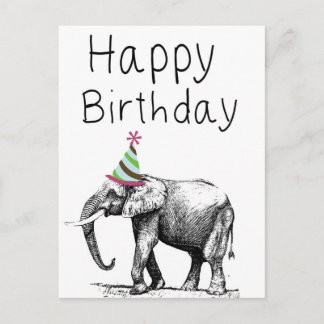 Happy Birthday Elephant In Hat, Celebration Invitation Postcard