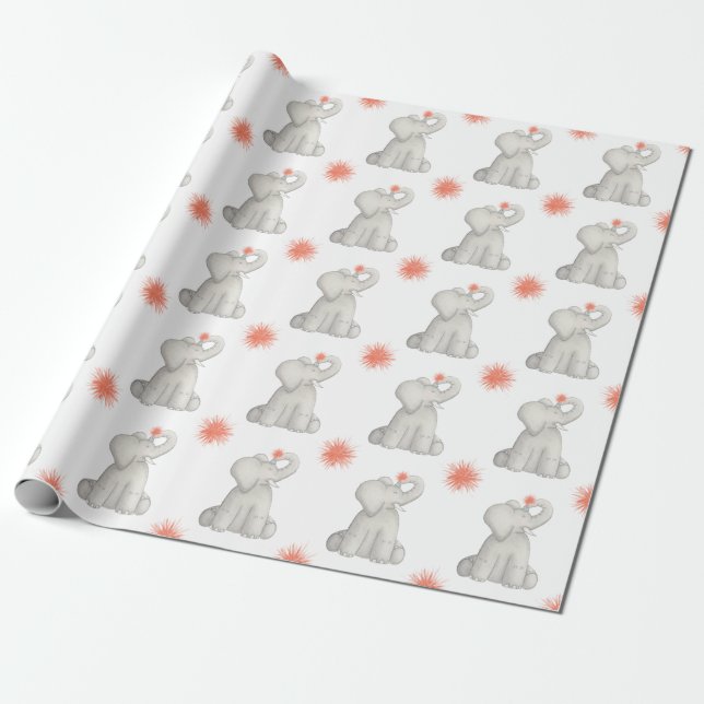 Happy Birthday Elephant Pom Pom Wrapping Paper (Unrolled)