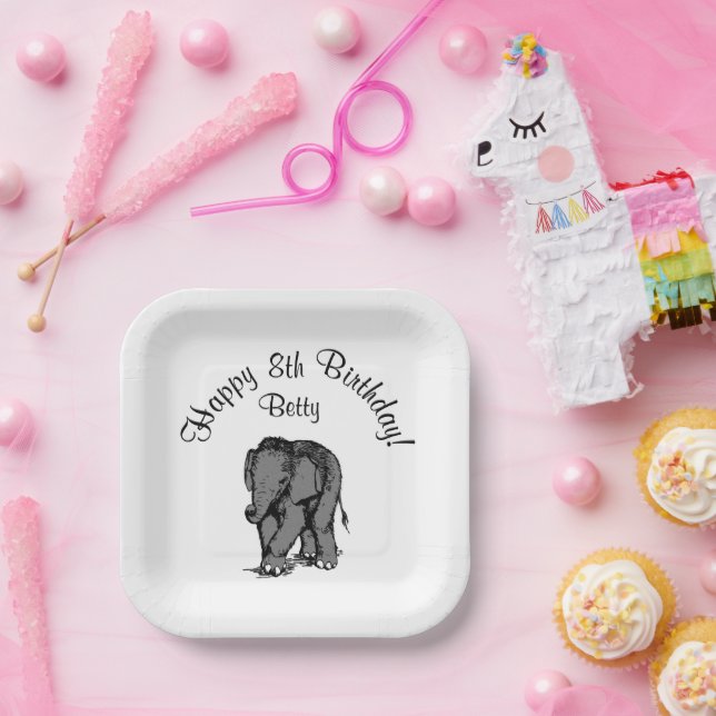 Happy Birthday Elephant Year Name Paper Plate (Party)