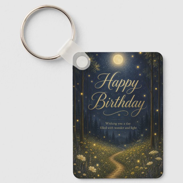 Happy Birthday Enchanted Forest Moonlit Firefly Keychain (Front)