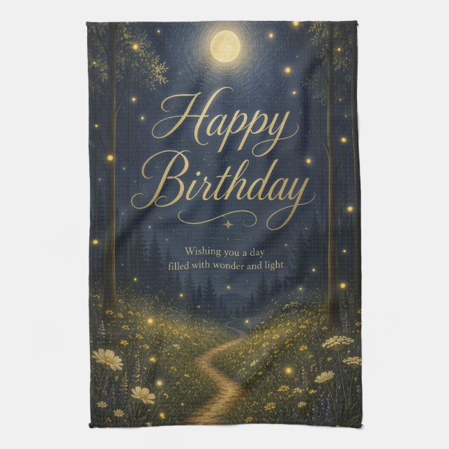 Happy Birthday Enchanted Forest Moonlit Firefly Kitchen Towel (Vertical)