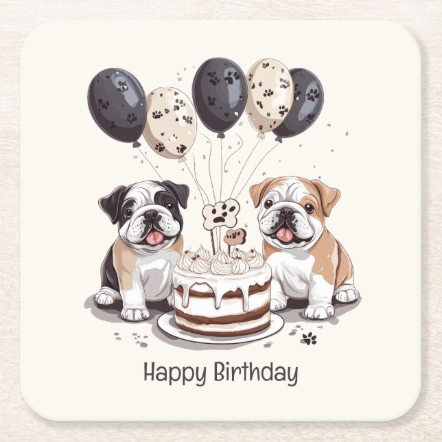 Happy Birthday English Bulldogs Square Paper Coaster (Front)
