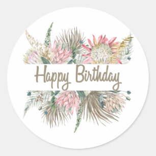 Happy Birthday  Exotic Watercolor Flowers, Leave Classic Round Sticker