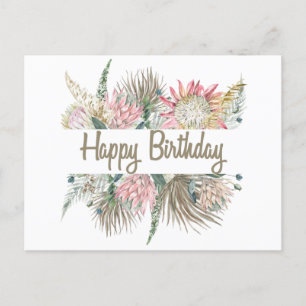 Happy Birthday  Exotic Watercolor Flowers, Leave Postcard