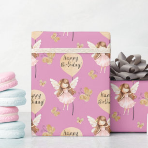Happy Birthday Fairy Balloon Butterfly Pattern Wrapping Paper