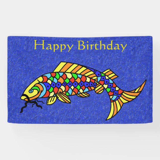 Happy Birthday Fancy Fish Colourful Scales Blue Banner (Horizontal)
