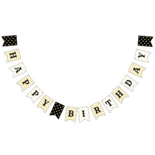 Happy Birthday Faux Gold Black Stars Stripes Party Bunting Flags