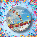 Happy Birthday Ferris Wheel Roller Coaster Photo Paper Plate<br><div class="desc">Relive the childhood memories of soft breezes, happy screams, and birds-eye views. Remember the fun while celebrating birthdays using this orange, turquoise, & blue ferris wheel and roller coaster photography paper plate. You can easily personalize this paper plate plus I also offer customization on any product. Please message me with...</div>