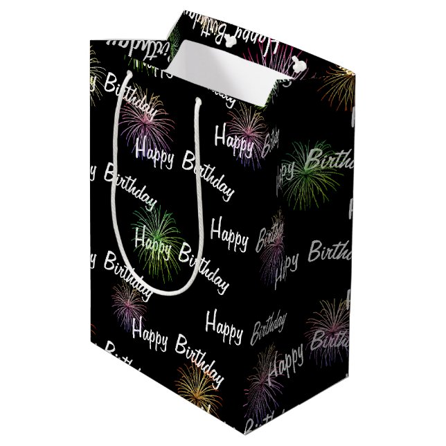 Happy Birthday fireworks on black Medium Gift Bag (Back Angled)