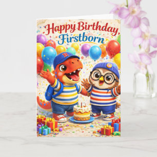 Happy birthday first born cute dinosaur and owl ca card