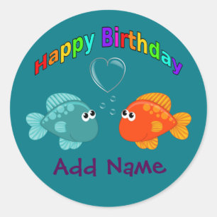 Happy Birthday Fish, Heart, Personalized. Classic Round Sticker