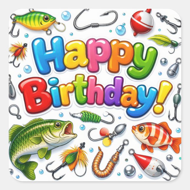 Happy Birthday Fish, Lures and Hooks Square Sticker (Front)
