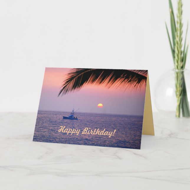 Happy Birthday Fishing Boat Tropical Sunset Card (Front)