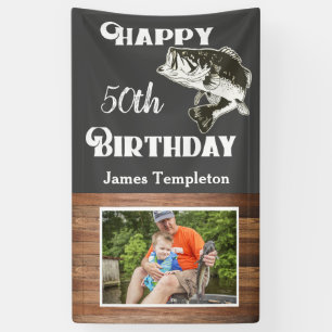 Happy Birthday Fishing Photo Name Father Men's Banner