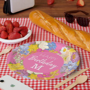 Happy Birthday Floral Blooms Paper Plate