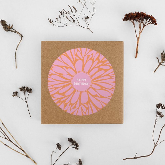Happy birthday floral burst pastel orange pink classic round sticker (Creator Uploaded)
