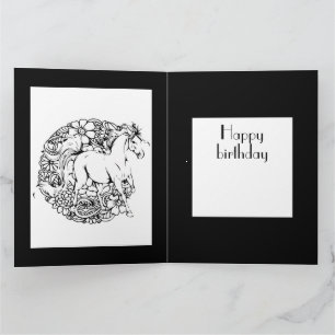Happy Birthday Floral Horse Adult Colouring Card