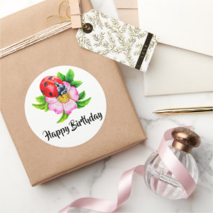 Happy Birthday Floral Ladybug Classic Round Sticker