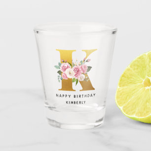 Happy Birthday Floral Monogram K Personalized Name Shot Glass