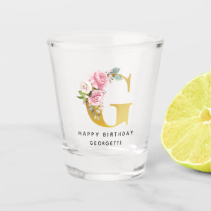 Happy Birthday Floral Monogram Personalized Name Shot Glass