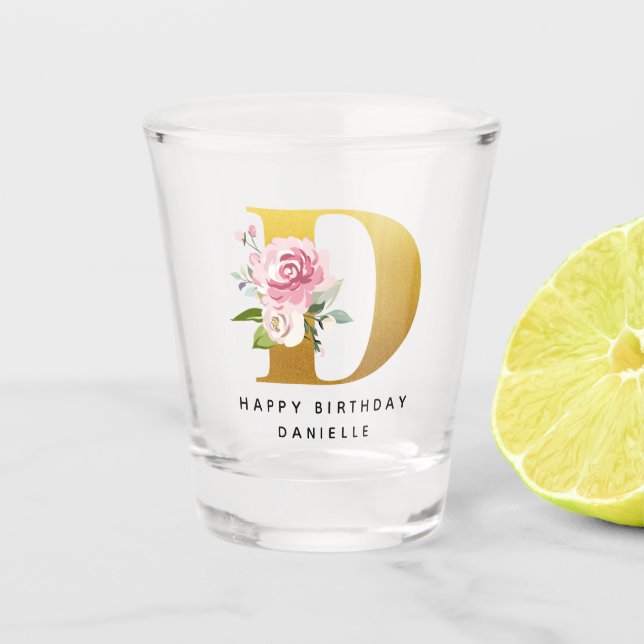 Happy Birthday Floral Monogram Personalized Name Shot Glass (Front)