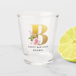 Happy Birthday Floral Monogram Personalized Name Shot Glass